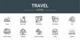 set of 10 outline web travel icons such as train, palm tree, accesories, accesories, trip, photo camera, bonfire vector icons for report, presentation, diagram, web design, mobile app