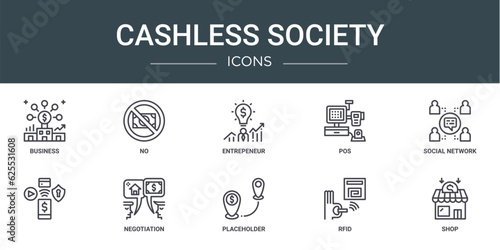 set of 10 outline web cashless society icons such as business, no, entrepeneur, pos, social network, , negotiation vector icons for report, presentation, diagram, web design, mobile app