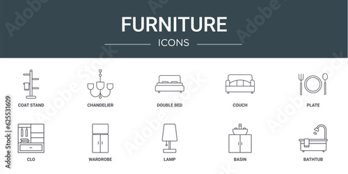 set of 10 outline web furniture icons such as coat stand, chandelier, double bed, couch, plate, clo, wardrobe vector icons for report, presentation, diagram, web design, mobile app
