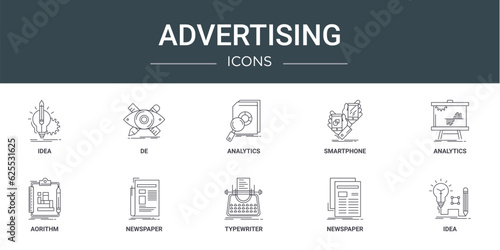 set of 10 outline web advertising icons such as idea, de, analytics, smartphone, analytics, aorithm, newspaper vector icons for report, presentation, diagram, web design, mobile app
