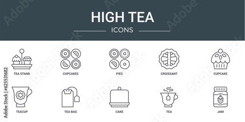 set of 10 outline web high tea icons such as tea stand, cupcakes, pies, croissant, cupcake, teacup, tea bag vector icons for report, presentation, diagram, web design, mobile app