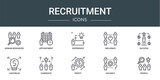 set of 10 outline web recruitment icons such as human resources, appointment, experience, influence, success, lightbulb, candidate vector icons for report, presentation, diagram, web design, mobile