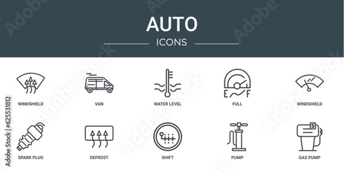 set of 10 outline web auto icons such as windshield, van, water level, full, windshield, spark plug, defrost vector icons for report, presentation, diagram, web design, mobile app