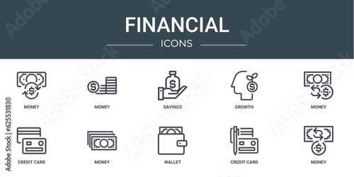 set of 10 outline web financial icons such as money, money, savings, growth, money, credit card, vector icons for report, presentation, diagram, web design, mobile app