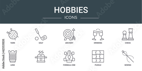 set of 10 outline web hobbies icons such as yarn, golf, archery, drinking, chess, lens, vector icons for report, presentation, diagram, web design, mobile app