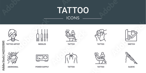 set of 10 outline web tattoo icons such as tattoo artist, needles, tattoo, sketch, aboriginal, power supply vector icons for report, presentation, diagram, web design, mobile app