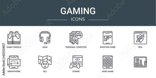 set of 10 outline web gaming icons such as game console, head, personal computer, shooting game, rpg, smartphone, dlc vector icons for report, presentation, diagram, web design, mobile app