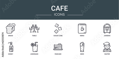 set of 10 outline web cafe icons such as bread, table, sugar cube, menu, jukebox, honey, lemonade vector icons for report, presentation, diagram, web design, mobile app