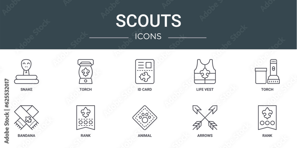set of 10 outline web scouts icons such as snake, torch, id card, life vest, torch, bandana, rank vector icons for report, presentation, diagram, web design, mobile app