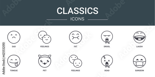 set of 10 outline web classics icons such as sad, feelings, fat, drool, laugh, tongue, pet vector icons for report, presentation, diagram, web design, mobile app