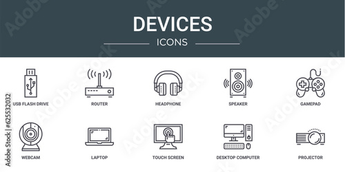 set of 10 outline web devices icons such as usb flash drive, router, headphone, speaker, gamepad, webcam, laptop vector icons for report, presentation, diagram, web design, mobile app