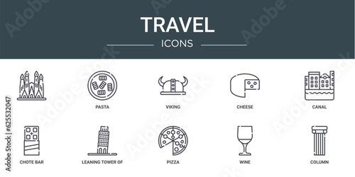 set of 10 outline web travel icons such as , pasta, viking, cheese, canal, chote bar, leaning tower of pisa vector icons for report, presentation, diagram, web design, mobile app