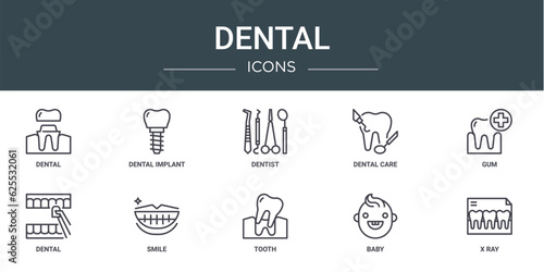 set of 10 outline web dental icons such as dental, dental implant, dentist, care, gum, smile vector icons for report, presentation, diagram, web design, mobile app