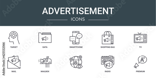 set of 10 outline web advertisement icons such as target, data, smartphone, shopping bag, tv, mail, mailbox vector icons for report, presentation, diagram, web design, mobile app