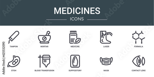 set of 10 outline web medicines icons such as tampon, mortar, medicine, laser, formula, stoh, blood transfusion vector icons for report, presentation, diagram, web design, mobile app
