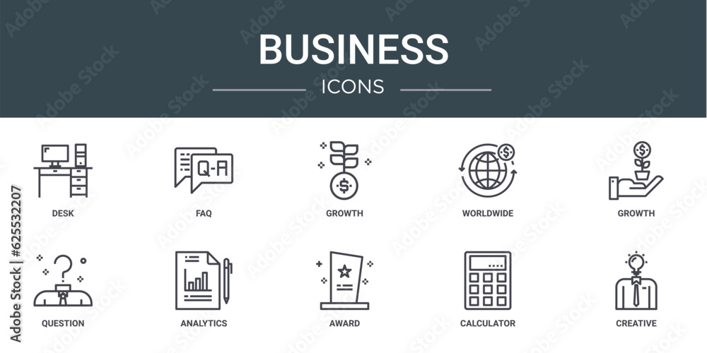 set of 10 outline web business icons such as desk, faq, growth, worldwide, growth, question, analytics vector icons for report, presentation, diagram, web design, mobile app