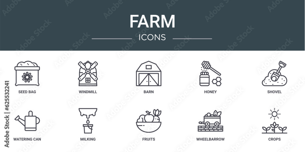 set of 10 outline web farm icons such as seed bag, windmill, barn, honey, shovel, watering can, milking vector icons for report, presentation, diagram, web design, mobile app