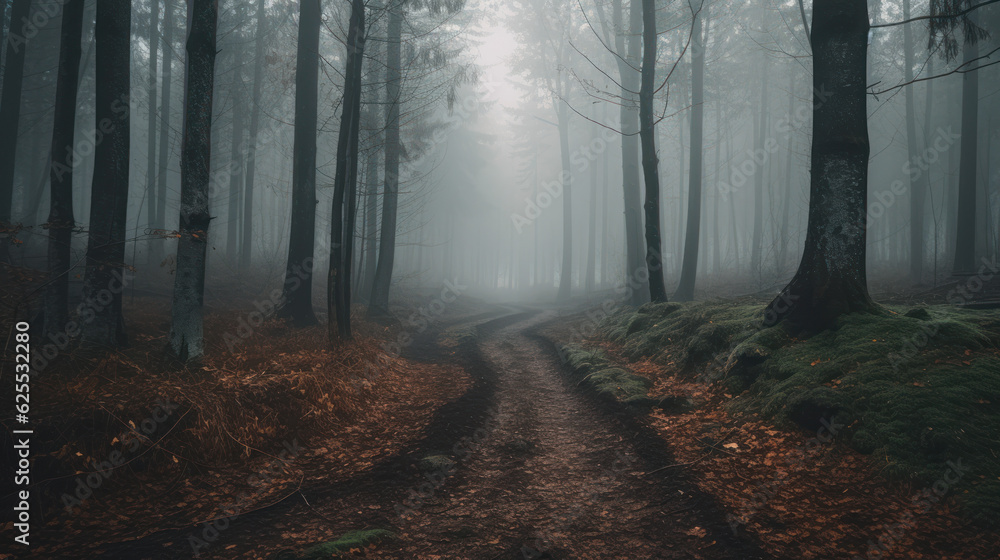 Obraz premium Autumn forest, dawn, dusk