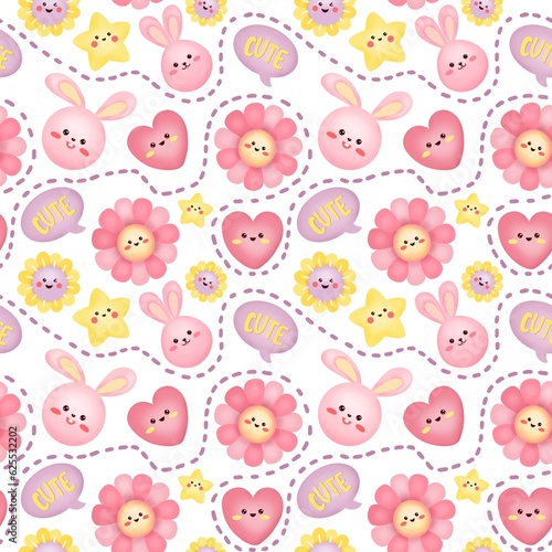 Nursery art print. Seamless pattern with bunny, Sun, hearts, bubbles. Children’s illustration