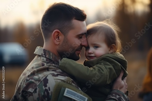 Brave soldier tenderly holds a small child in their arms