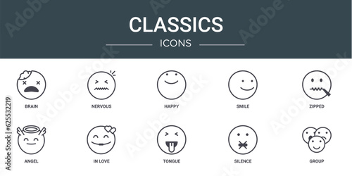 set of 10 outline web classics icons such as brain, nervous, happy, smile, zipped, angel, in love vector icons for report, presentation, diagram, web design, mobile app