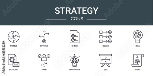 set of 10 outline web strategy icons such as puzzle, options, check, goals, idea, branding, path vector icons for report, presentation, diagram, web design, mobile app