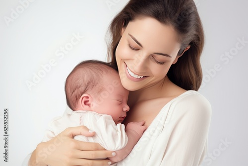 Young mother lovingly cradles her newborn baby in her arms