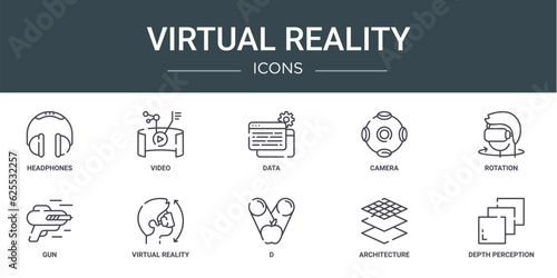 set of 10 outline web virtual reality icons such as headphones, video, data, camera, rotation, gun, virtual reality vector icons for report, presentation, diagram, web design, mobile app