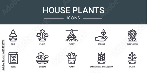 set of 10 outline web house plants icons such as pine, plant, plant, sprout, sunflower, book, bonsai vector icons for report, presentation, diagram, web design, mobile app