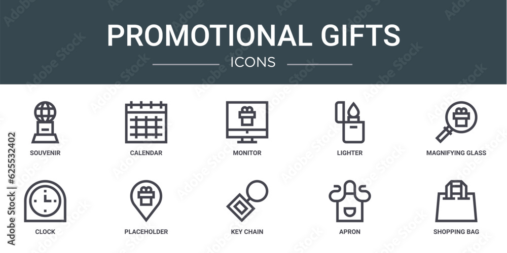 set of 10 outline web promotional gifts icons such as souvenir, calendar, monitor, lighter, magnifying glass, clock, placeholder vector icons for report, presentation, diagram, web design, mobile