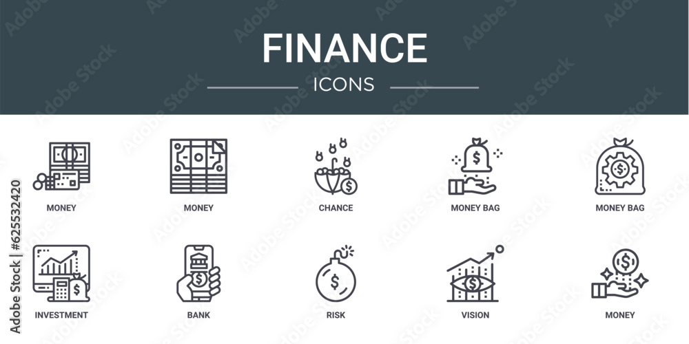 set of 10 outline web finance icons such as money, money, chance, money bag, bag, investment, bank vector icons for report, presentation, diagram, web design, mobile app