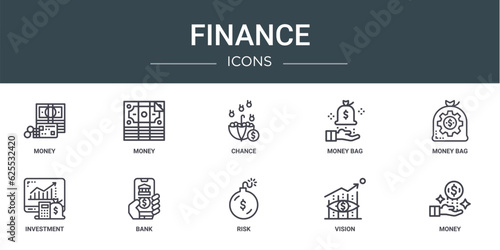 set of 10 outline web finance icons such as money, money, chance, money bag, bag, investment, bank vector icons for report, presentation, diagram, web design, mobile app