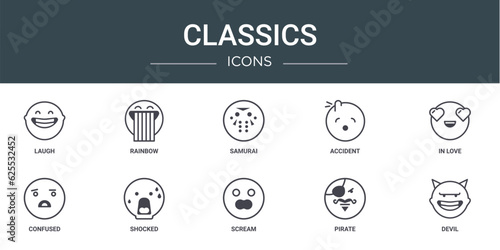 set of 10 outline web classics icons such as laugh, rainbow, samurai, accident, in love, confused, shocked vector icons for report, presentation, diagram, web design, mobile app