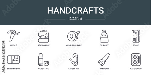 set of 10 outline web handcrafts icons such as needle, sewing hine, measuring tape, oil paint, board, shipping box, glue stick vector icons for report, presentation, diagram, web design, mobile app