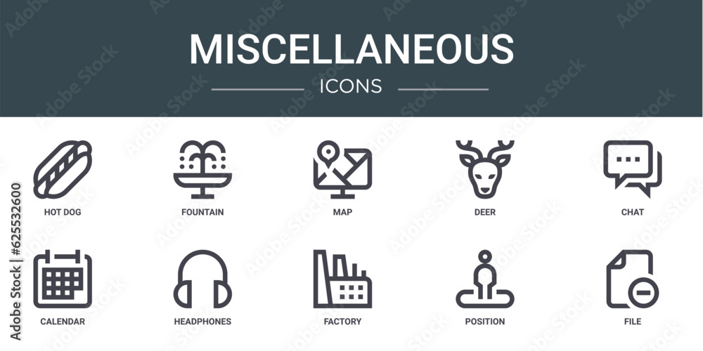 set of 10 outline web miscellaneous icons such as hot dog, fountain, map, deer, chat, calendar, headphones vector icons for report, presentation, diagram, web design, mobile app