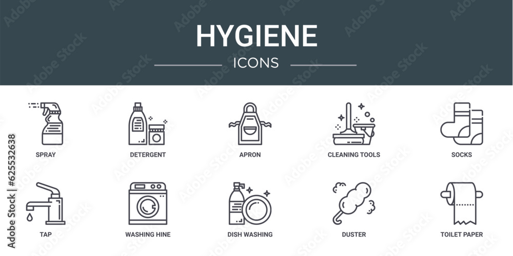 set of 10 outline web hygiene icons such as spray, detergent, apron, cleaning tools, socks, tap, washing hine vector icons for report, presentation, diagram, web design, mobile app