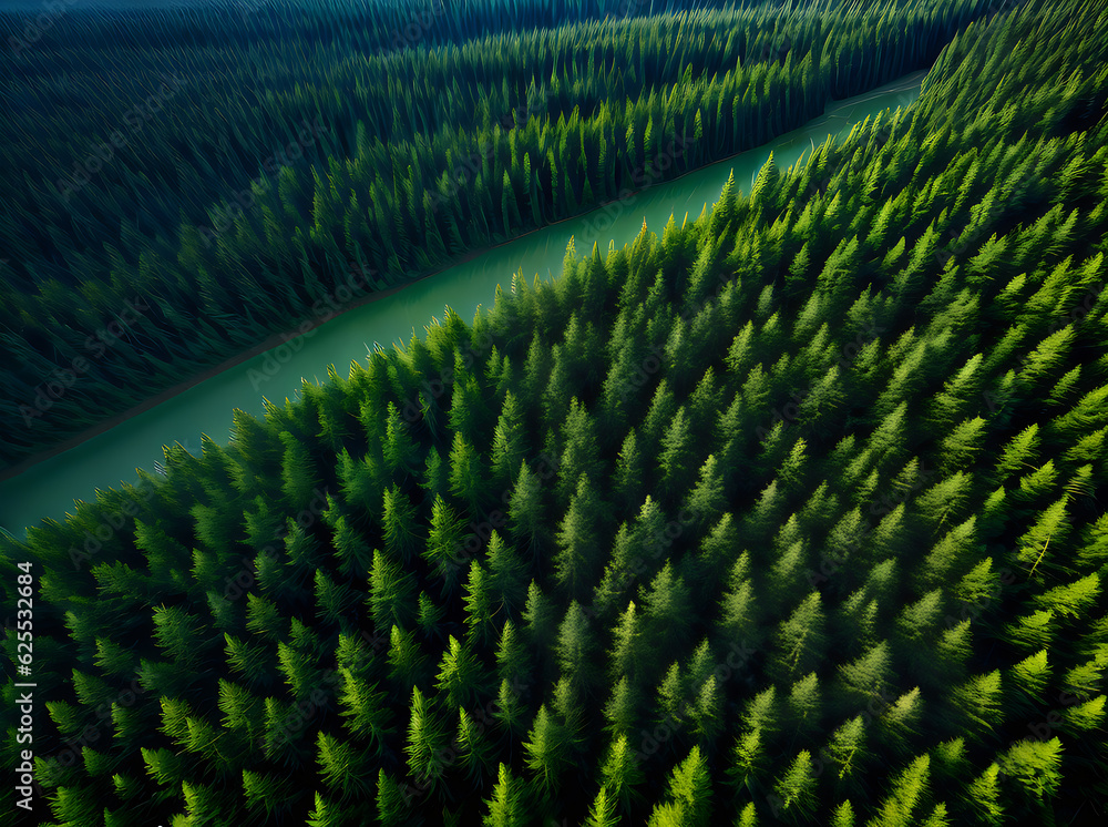 Fototapeta premium ethereal forest with fog birds eye view.