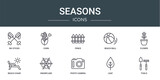 set of 10 outline web seasons icons such as ski sticks, corn, fence, beach ball, flower, beach chair, snowflake vector icons for report, presentation, diagram, web design, mobile app