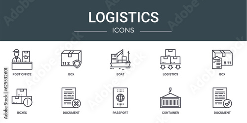 set of 10 outline web logistics icons such as post office, box, boat, logistics, box, boxes, document vector icons for report, presentation, diagram, web design, mobile app