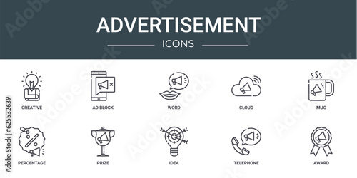 set of 10 outline web advertisement icons such as creative, ad block, word, cloud, mug, percentage, prize vector icons for report, presentation, diagram, web design, mobile app