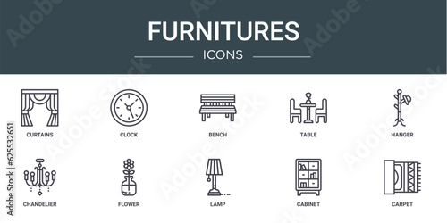 set of 10 outline web furnitures icons such as curtains, clock, bench, table, hanger, chandelier, flower vector icons for report, presentation, diagram, web design, mobile app