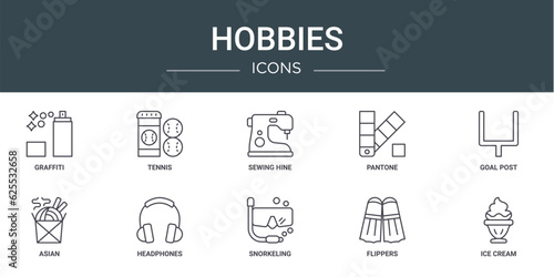 set of 10 outline web hobbies icons such as graffiti, tennis, sewing hine, pantone, goal post, asian, headphones vector icons for report, presentation, diagram, web design, mobile app