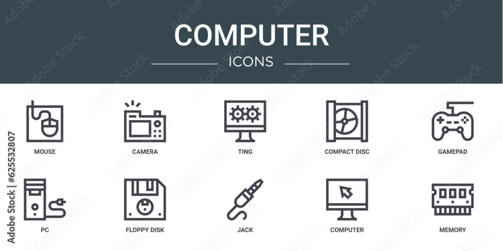 set of 10 outline web computer icons such as mouse, camera, ting, compact disc, gamepad, pc, floppy disk vector icons for report, presentation, diagram, web design, mobile app