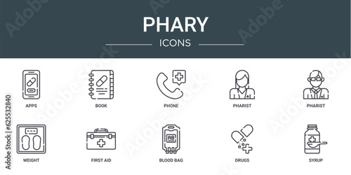 set of 10 outline web phary icons such as apps, book, phone, pharist, pharist, weight, first aid vector icons for report, presentation, diagram, web design, mobile app