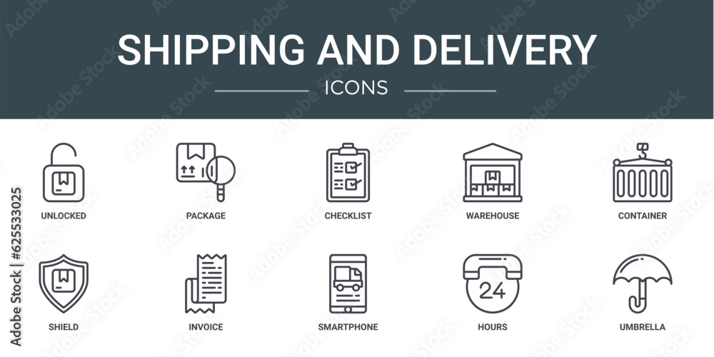 set of 10 outline web shipping and delivery icons such as unlocked, package, checklist, warehouse, container, shield, invoice vector icons for report, presentation, diagram, web design, mobile app