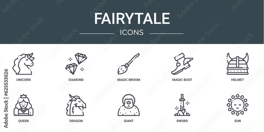 set of 10 outline web fairytale icons such as unicorn, diamond, magic broom, magic boot, helmet, queen, dragon vector icons for report, presentation, diagram, web design, mobile app set of 10 outline web fairytale icons such as unicorn, diamond, magic broom, magic boot, helmet, queen, dragon vector icons for report, presentation, diagram, web design, mobile app