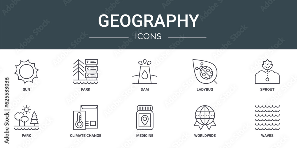 set of 10 outline web geography icons such as sun, park, dam, ladybug, sprout, park, climate change vector icons for report, presentation, diagram, web design, mobile app