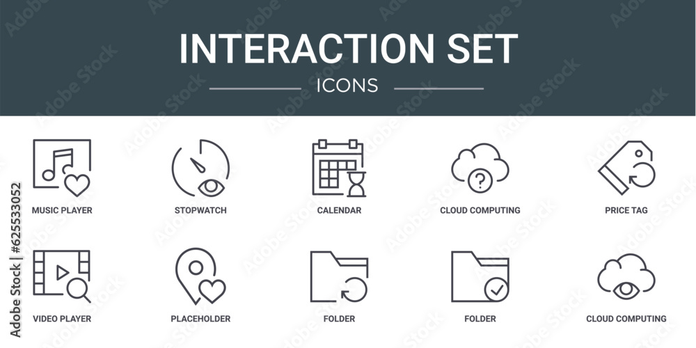 set of 10 outline web interaction set icons such as music player, stopwatch, calendar, cloud computing, price tag, video player, placeholder vector icons for report, presentation, diagram, web