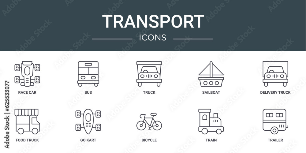set of 10 outline web transport icons such as race car, bus, truck, sailboat, delivery truck, food truck, go kart vector icons for report, presentation, diagram, web design, mobile app