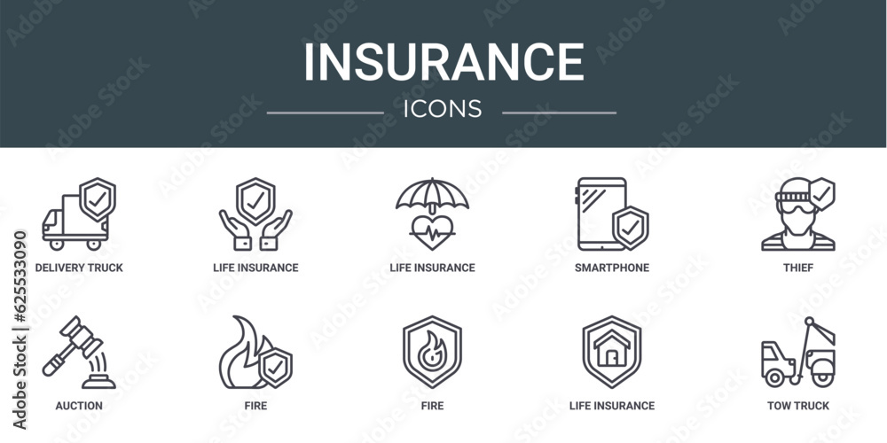 set of 10 outline web insurance icons such as delivery truck, life insurance, life insurance, smartphone, thief, auction, fire vector icons for report, presentation, diagram, web design, mobile app